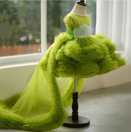 Fluffy Beaded Birthday Party Dress With Trail